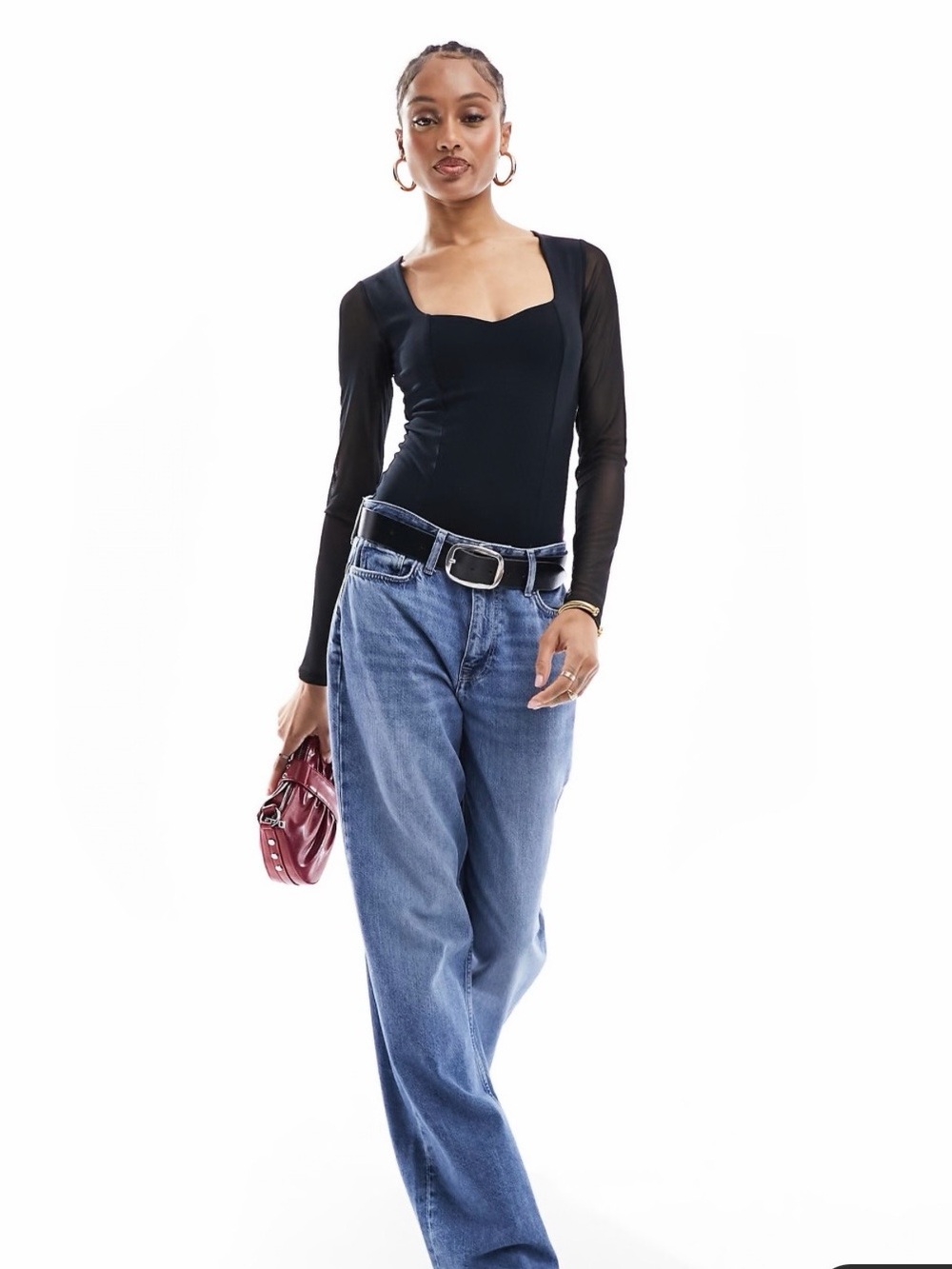 ASOS DESIGN tall sweetheart neckline bodysuit with mesh sleeve